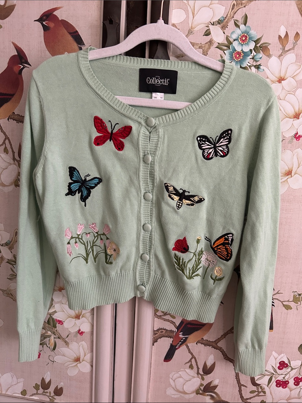 Collectif Mint Green Butterfly & Floral Embroidered Cropped Cardigan